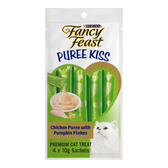 غذای گربه Fancy Feast Puree Kiss – پوره مرغ با تکه‌های کدو حلوایی