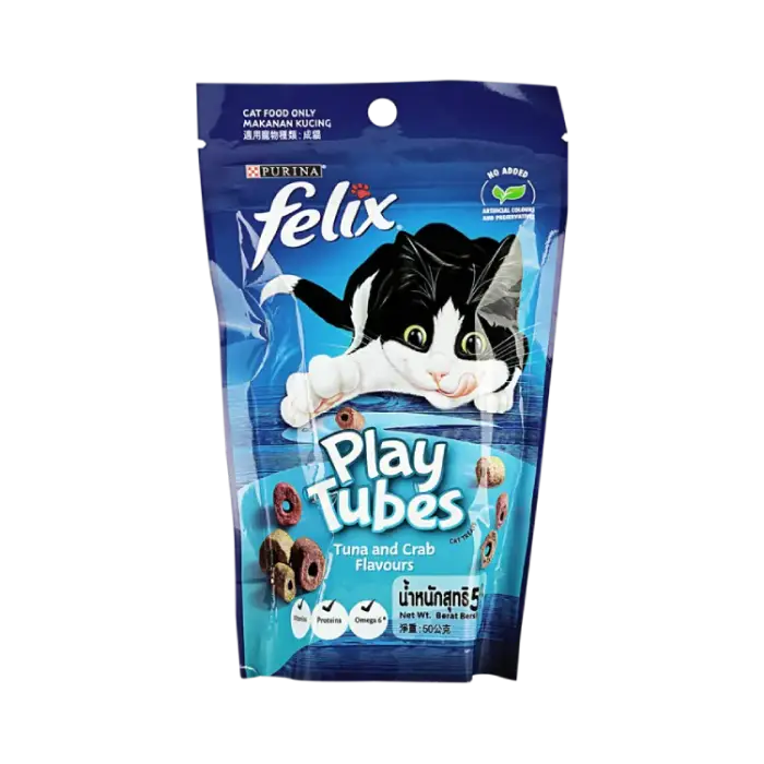 نام محصول: FELIX® Play Tubes Tuna & Crab Flavours Dry Cat Treats (بسته ۵۰ گرم)
