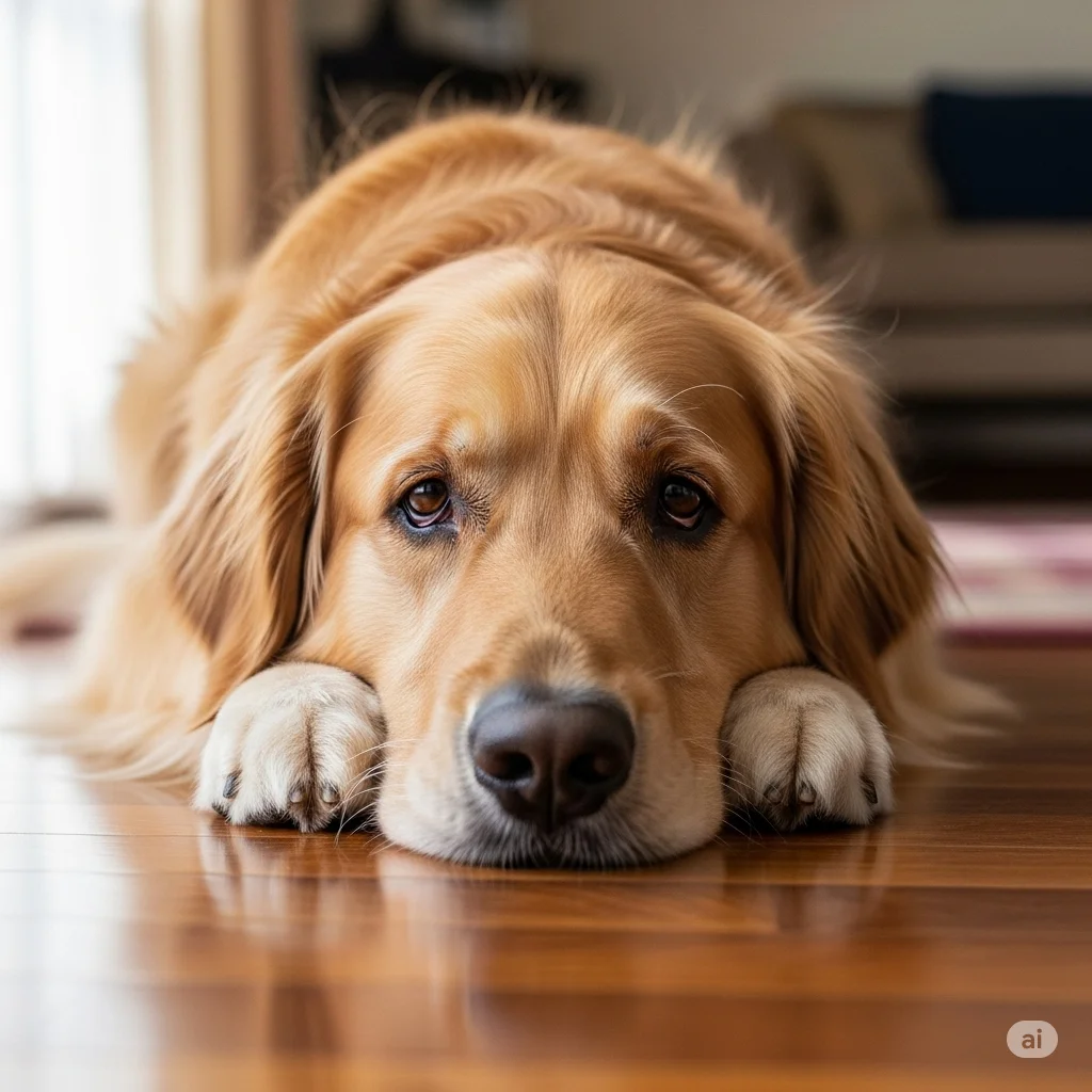 یک سگ گلدن رتریور با ظاهری غمگین روی زمین دراز کشیده و با چشمانی افتاده به دوربین نگاه می‌کند.