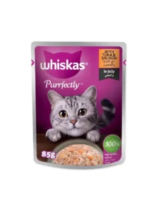 Whiskas Purrfectly – غذای مرطوب برای گربه بالغ (1+ سال)، طعم ماهی تن و سالمون در ژله – 85 گرم