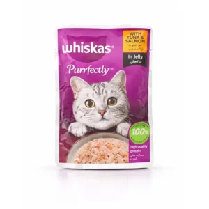 پوچ گربه بالغ ویسکاس مدل Purrfectly طعم ماهی تن و سالمون در ژله (۸۵ گرم)